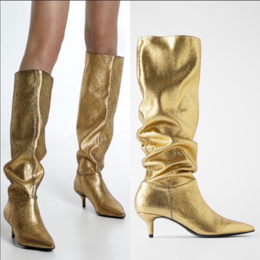 Zara Gold Metallic Kitten Heel Knee High Boots